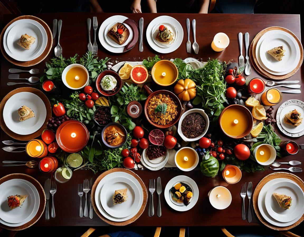 A beautifully arranged dining table featuring an array of gourmet dishes inspired by Latin cuisine, with vibrant colors and intricate details. Include decorative ceramic pots, lush greenery, and warm candlelight to create an inviting atmosphere. The scene captures the essence of a culinary journey, highlighting rich textures and delicious flavors. super-realistic. vibrant colors. warm lighting.