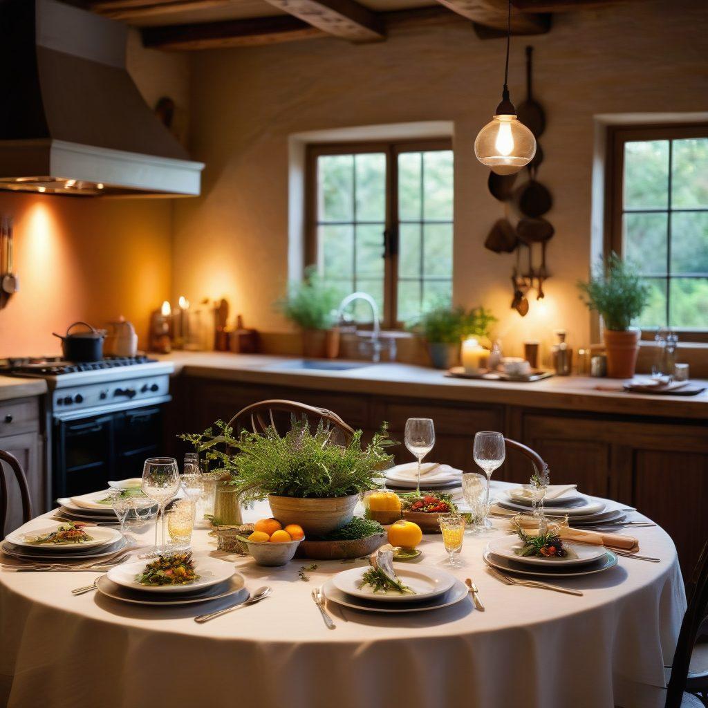 A beautifully arranged dining table featuring an array of seasonal dishes, each showcasing vibrant colors and intricate presentations. Include elegant tableware, fresh herbs, and a warm, inviting ambiance with soft lighting. In the background, hints of a rustic kitchen add character, emphasizing the craft of a chef at work. The overall scene should evoke a sense of exclusivity and culinary artistry. super-realistic. vibrant colors. soft focus.