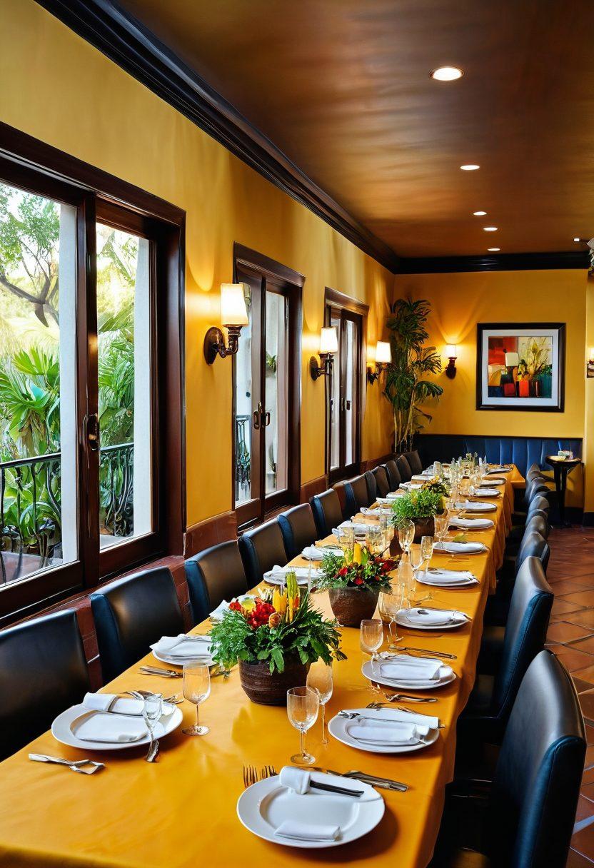 A beautifully set dining table at La Hacienda, featuring an array of gourmet dishes, vibrant colors, and lush greenery in the background. The ambiance should evoke a sense of elegance and warmth, with soft lighting casting a golden hue over the culinary delights, and food enthusiasts engaged in lively conversation. Capture the essence of a memorable dining experience. super-realistic. vibrant colors. warm ambient lighting.